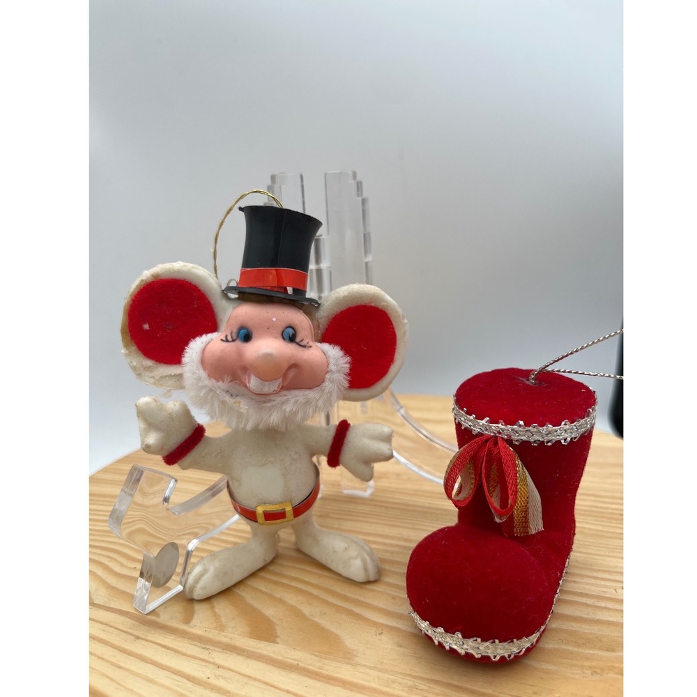 Vtg Flocked Mouse Top Hat & Red Velvet Boot Christmas Ornaments Set 2pc Roy Des?